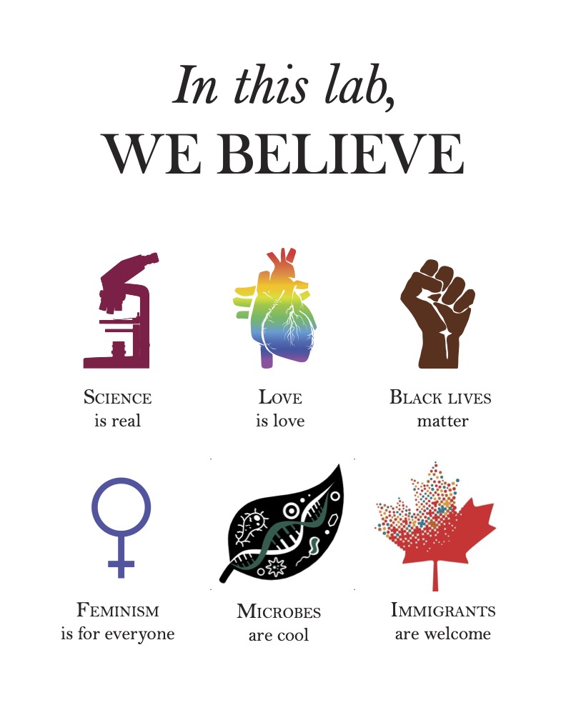In this lab, we believe science is real, love is love, black lives matter, feminism is for everyone, microbes are cool, immigrants are welcome.